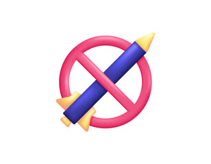stop war concept. refusal to war. prohibition to fire missiles. illustration of prohibition symbol with rocket or missile. symbol or icon. minimalist 3d style design. design asset elements