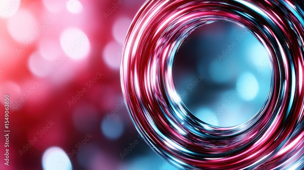 Poster an abstract circular shape featuring shiny metallic textures and vibrant hues of red and blue, creat