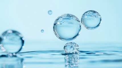 Water drops floating in blue liquid macro photography splash clean purity fluid motion abstract nature