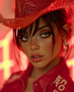 a hyper realistic close up photograph n movement of a beautiful blonde woman, doble explosure, cowboy plastic red hat , vogue cover, saturate colors