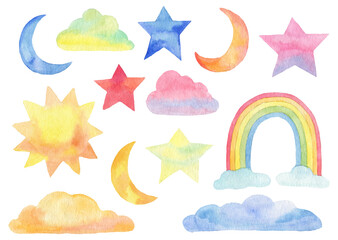 Watercolor illustrations of celestial and atmospheric elements, sun with radiating spikes, stars, crescent moons, rainbow and clouds in various pastel shades