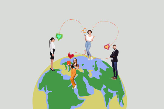 Exclusive creative pop collage of happy girls guys stand earth globe map distance blogging like reaction environment care