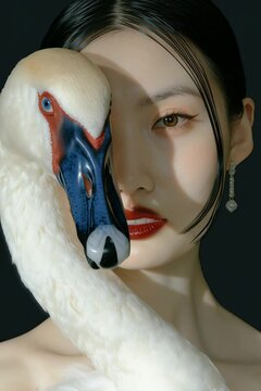A edgy black hair androgen albino model with the head of an blue swan, the woman is facing the camera and the blue swan head is covering half of her face following the woman head shape
