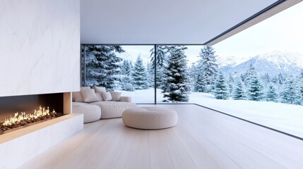 A beautifully designed modern living room featuring plush seating and a cozy fireplace, with expansive glass walls showcasing a breathtaking winter landscape adorned with snow-covered trees.