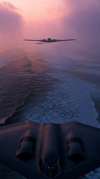 Formation of three B-2 Spirits gliding over ocean waves at dawn, mist rising off the water, soft pastel colors, overhead drone perspective, epic scale, 4K cinematic