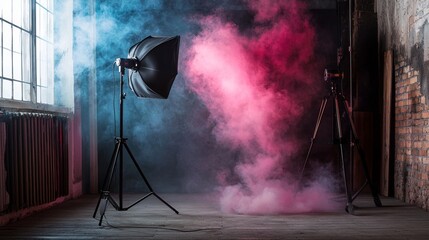 Colorful studio with smoke light creative photography concept pink and blue moody dramatic fashion portrait