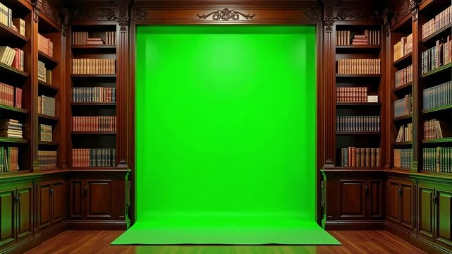 Interior view of a library with wooden bookshelves and a green screen backdrop in the center 4k video