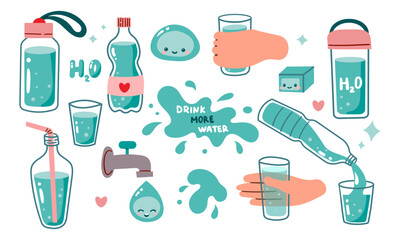 Drink more water. Glass only. Plastic free, zero waste concept. Various bottles, glass, flask. Hand drawn cute trendy vector illustration. All elements are isolated on white.