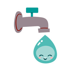 Illustration of faucets and cute kawaii water drop on a white background. Hand drawn illustration drink more water or save the water concept .