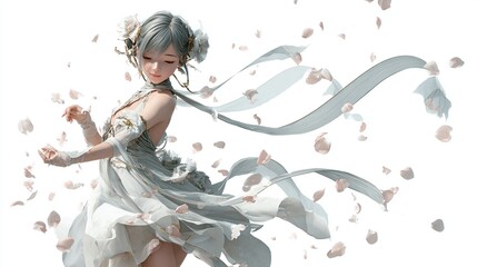 Graceful, light-skinned female figure in a flowing, off-white dress, surrounded by falling pink petals