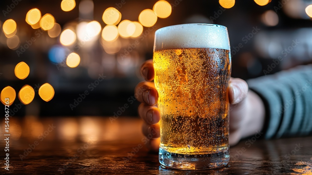 Poster a close-up of a refreshing beer with a frothy top held in a lively setting, capturing the essence of