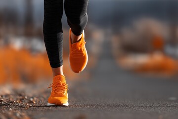 Close-up of athletic woman in vibrant orange running shoes jogging on urban road with blurred background, minimalist sports banner concept for fitness gear or outdoor activity promotion