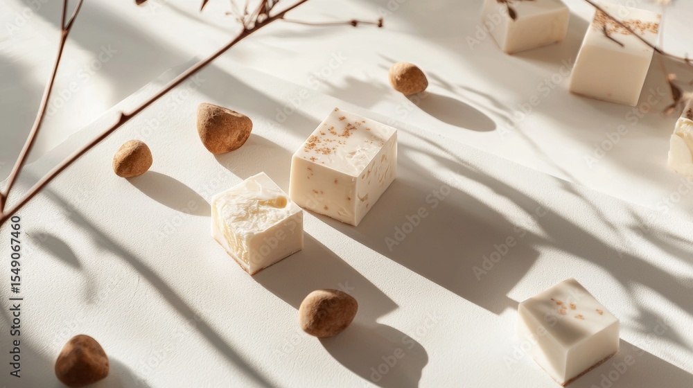 Poster soft beige background with cubes and leaves natural minimal soap product display shadows clean spa c