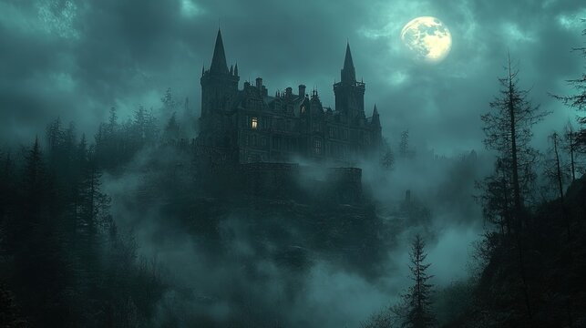 Haunted Castle at Night with Full Moon and Mist in Forest