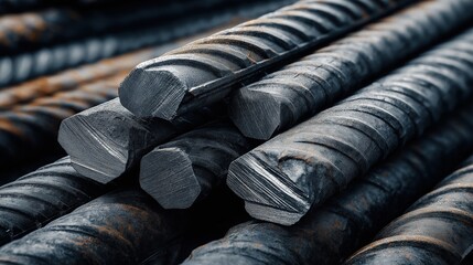 Close up of textured steelflip sticks with intricate patterned surface symbolizing strength in construction materials, highlighted against softly blurred background of metal beams or building framewor