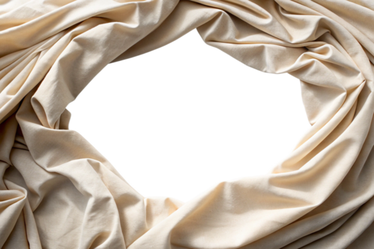 natural beige fabric creating a soft circular frame with empty copy space on a white background.