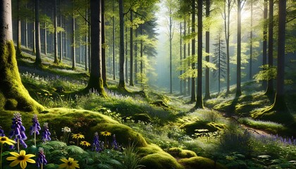 Fototapeta premium A photorealistic forest scene in the midst of spring, where every detail is vividly alive