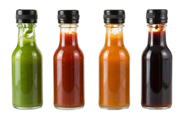variety of hot sauces in glass bottles on white background