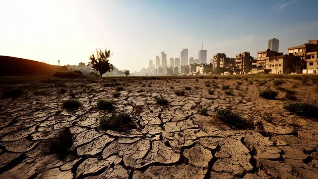 Arid cracked earth landscape with distant skyline and sparse vegetation, symbolizing environmental drought and climate change, featuring textures and natural light.