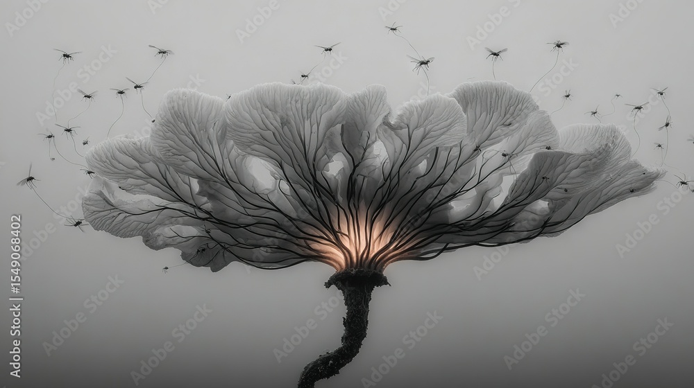 Poster a monochrome image of a tree with a beam of light emerging from its branches