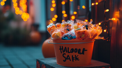 Halloween basket with spiders and pumpkins, spooky celebration