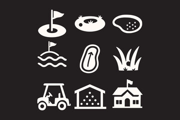 A set of golf course elements in vintage vector style including holes, bunkers, water hazard, fairway, rough, golf cart, driving range, and clubhouse. Great for golf maps, apps, and infographics.