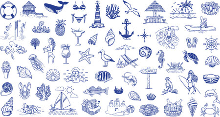 Hand drawn coastal icons, seafood,cocktails, beach activities, corals, nautical elements. Vector illustration