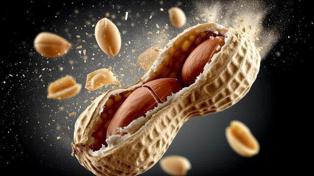 Peanut shell bursting open, revealing roasted peanuts inside, with flying fragments and dust particles creating a dynamic and energetic scene, showcasing the deliciousness of this popular snack food