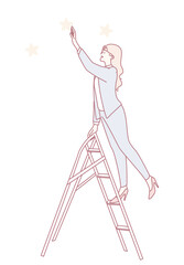 A determined woman climbs a tall ladder, reaching for the stars above, symbolizing her ambition and dreams