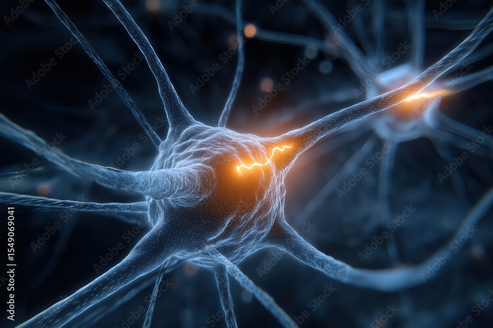 Poster close-up of firing human neurons in the brain with intricate patterns, highlighted by dark blue back
