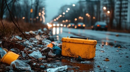 An urban street scene revealing a pile of discarded trash and debris alongside a yellow toolbox, representing environmental issues and urban neglect in a rainy atmosphere.