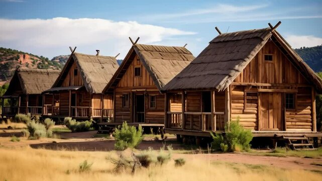 Rustic wooden cabins in a row, thatched roofs and dry grassy landscape, nestled in a valley under a bright sky, peaceful retreat.