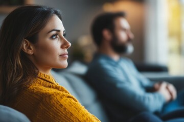 Family problem concept, close-up of Asian wife sitting on the sofa while her husband sits apart, both dealing with a relationship issue, Generative AI