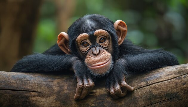 Curious chimpanzee resting on a wooden branch.