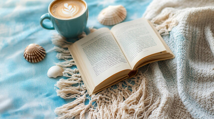 Fototapeta premium old book and a cup of coffee on the table with sea shells