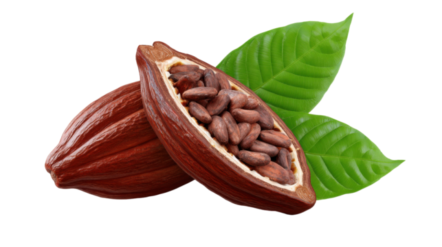 Cocoa pod isolated on transparent background with brown seeds and green leaves in natural style