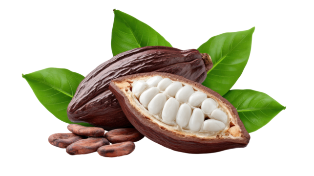 Cocoa pod isolated on transparent background with fresh green leaf and cocoa bean