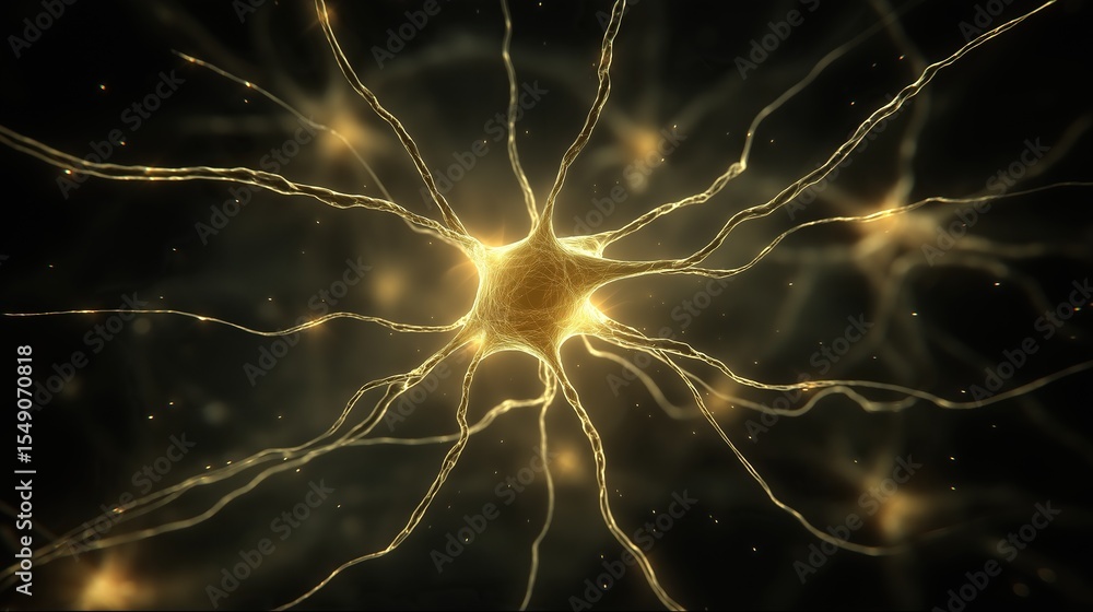 Poster neuronal network with glowing yellow neural connections forming brain-like structures on black backg