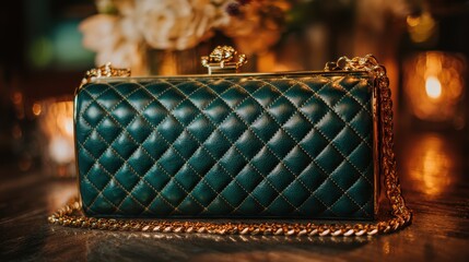 Luxurious product shot of a quilted leather clutch in deep emerald green with gold chain strap on a softly blurred gala entrance backdrop