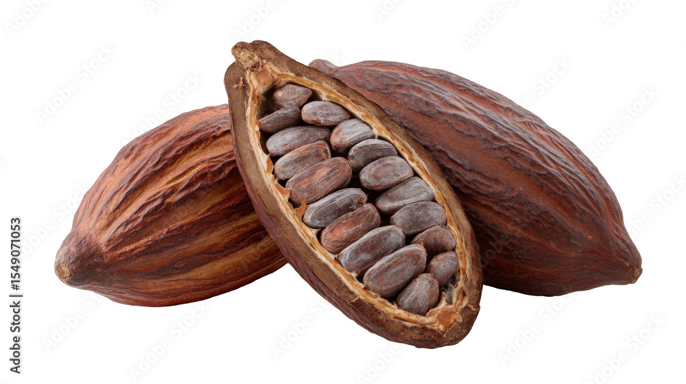 Aufkleber cocoa pods isolated on transparent background with one pod open showing cocoa beans inside