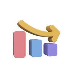 3D pastel bar graph with downward trending yellow arrow, decline concept