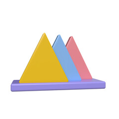 Three pastel triangles on a purple platform, minimalist 3D render