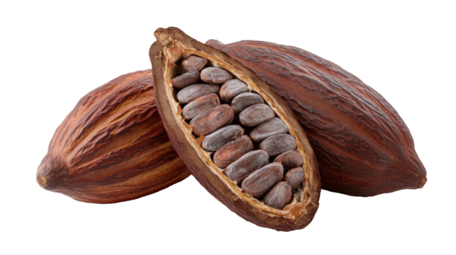 Cocoa pods isolated on transparent background with one pod open showing cocoa beans inside