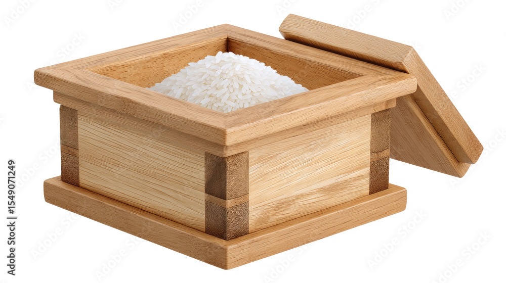 Poster rice isolated on transparent background with wooden box container and lid
