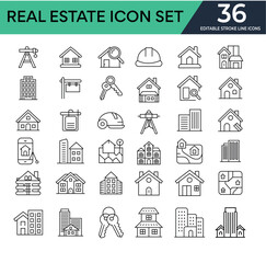 Real estate editable stroke outline icons set flat, home, architecture, property, building, residential, Editable stroke. Vector illustration