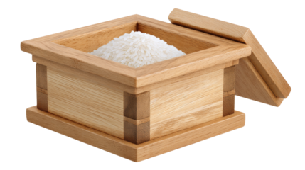 Rice isolated on transparent background with wooden box container and lid