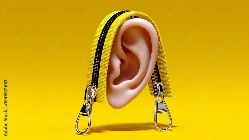 Poster creative 3d illustration of an ear made from a yellow zipper, showcasing a unique blend of design an
