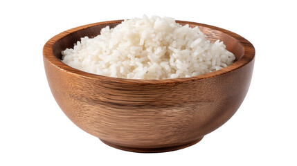 Cooked white rice isolated on transparent background in wooden bowl with natural texture