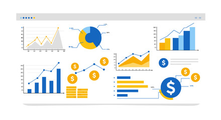 Business data analysis charts and graphs in flat vector illustration for financial presentations