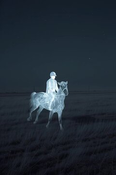 A wide shot captured with an Arri Alexa 35, 50mm lens, ISO 1600 for a grainy film effect, deep focus. In the middle of a vast, open field under a cold, moonlit night sky